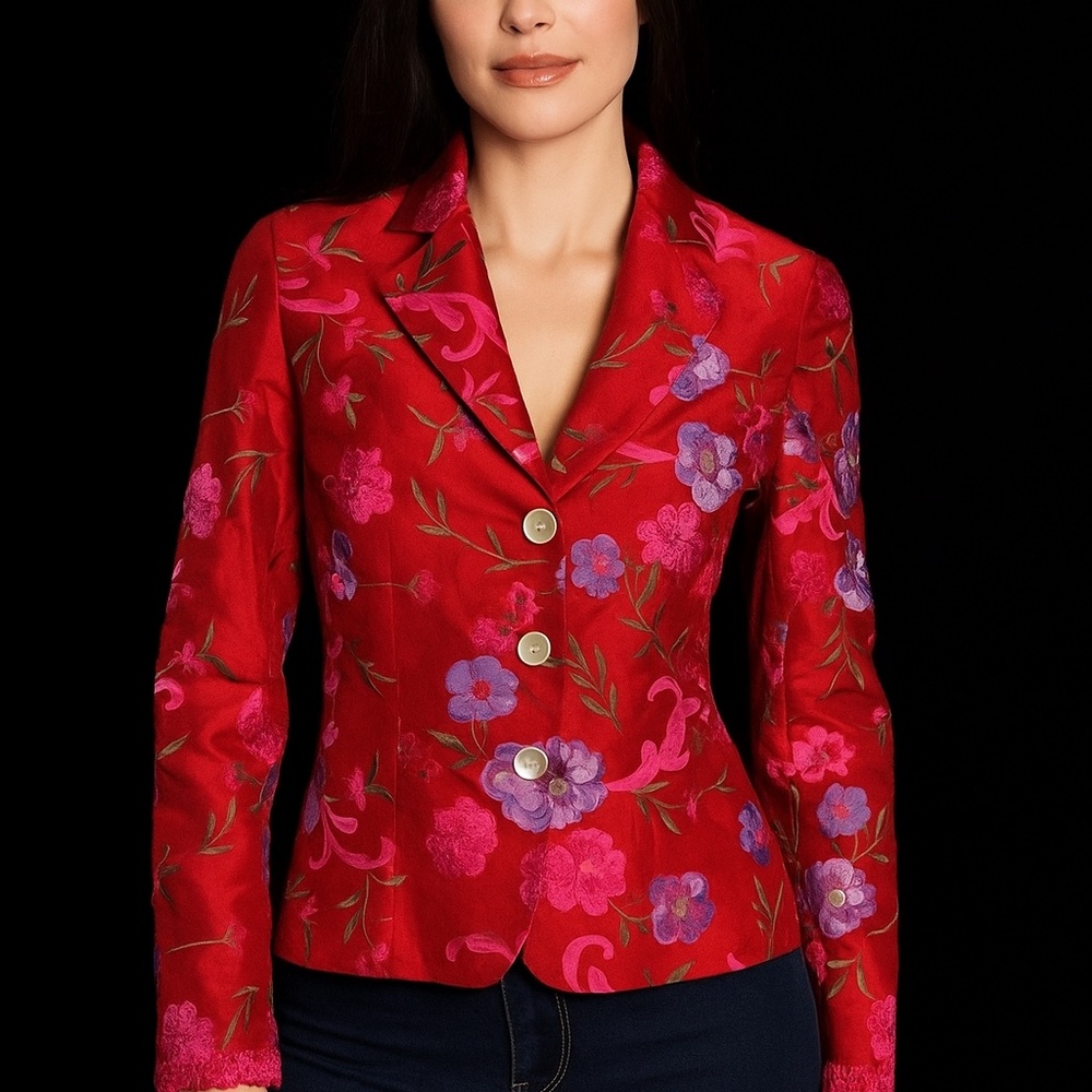 🌸 Algo of Switzerland Embroidered Silk Jacket – Size 6 – NWOT - Picture 1 of 14